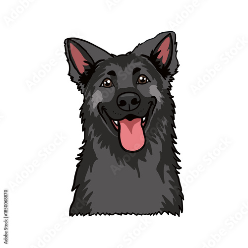 Black Belgian Malinois Dog Head Cartoon with Tongue Out on Transparent Background