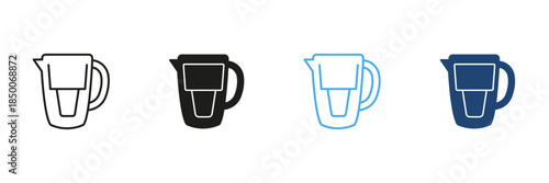 Water Filter Pitcher Line And Solid Icon Set. Clean Water Filtration And Purification Outline And Silhouette Symbol Collection. Household Appliance For Safe Drinking. Isolated Vector Illustration