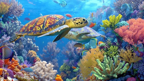 Sea turtles swim by vibrant coral reefs filled with colorful fish, ideal for marine conservation, travel, and underwater exploration projects.