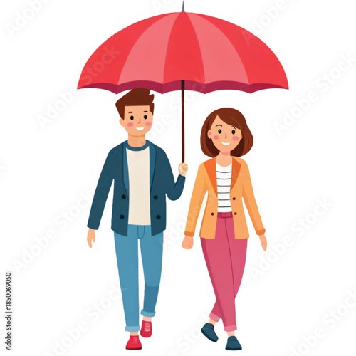 A couple walking under a heart-shaped umbrella clipart, white background