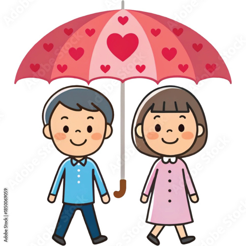 A couple walking under a heart-shaped umbrella clipart, white background