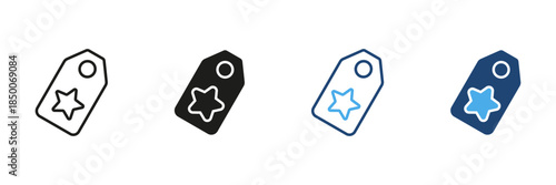 Star-Shaped Price Tag Line And Solid Icon Set. Retail Promotion, Discount, And Special Offer Outline And Silhouette Symbol Collection. Shopping And Sales Marketing. Isolated Vector Illustration
