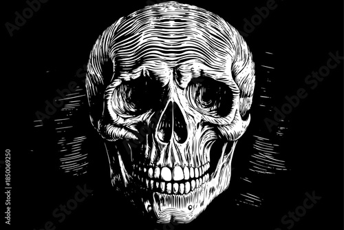 Spooky human skull isolated on black background, dark gothic horror concept, eerie minimalist composition, scary symbol for Halloween theme, mysterious design, and dramatic atmospheric visual element.