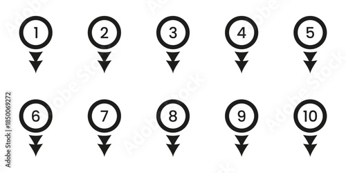 Black Numbered Location Pin Solid Icon Set. Sequential Map Marker Silhouette Symbol Collection. Navigation, Geolocation, And Wayfinding Design Elements. Isolated Vector Illustration