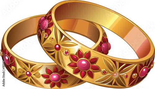 Golden bracelets with red gemstones and floral jewelry ornate shiny