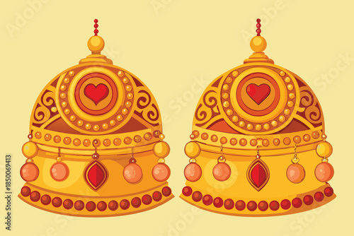 Two ornate golden crowns with red heart symbols and hanging jewels