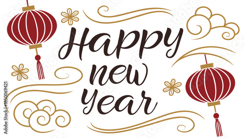 Happy New Year Greeting with Traditional Red Lanterns and Oriental Decorative Elements
