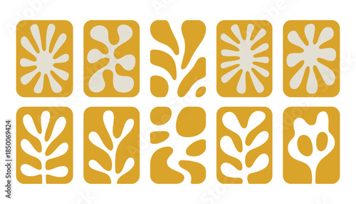 Ten rounded rectangles with abstract organic shapes in mustard yellow and off-white pattern