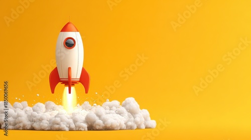 Whimsical rocket launching into the sky with orange accents and vibrant yellow background, symbolizing adventure and innovation in a playful design