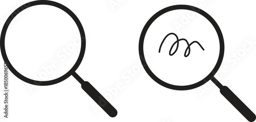 Magnifying glass icons representing search and discovery with a squiggly line found under inspection