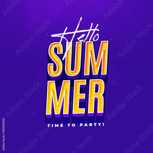 Vibrant hello summer party invitation with yellow and purple colors