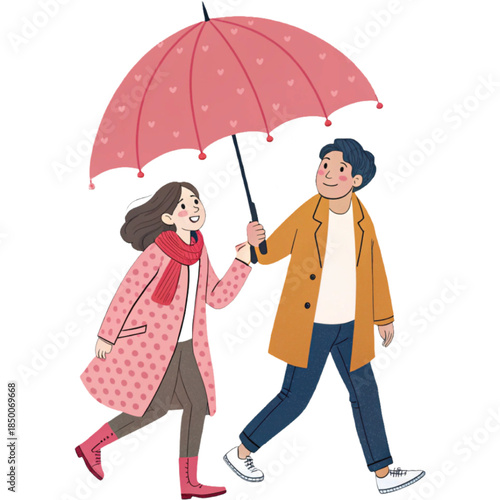 A couple walking under a heart-shaped umbrella clipart, white background