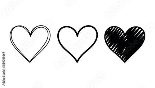 Three black hand drawn heart shapes on white background one outlined double line one single line one filled with diagonal lines