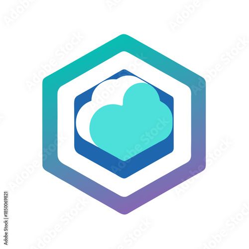 Abstract hexagon logo with heart and cloud design in teal gradients