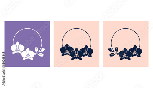 Three minimalist frames with orchid flowers and circles on pastel backgrounds floral border