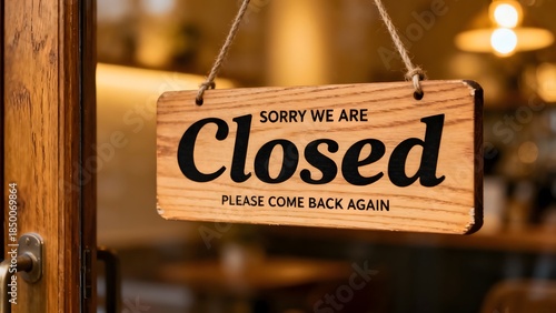 Closed Sign on Wooden Door - Sorry We Are Closed Please Come Back Again.