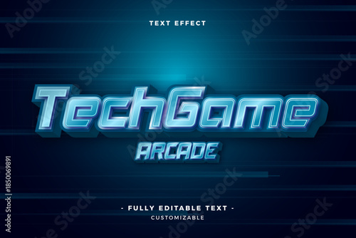 Futuristic tech game arcade logo with blue neon lights and dark background