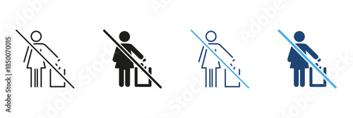 No Littering Sign Line And Solid Icon Set. Environmental Protection And Cleanliness Awareness Outline And Silhouette Symbol Collection. Isolated Vector Illustration