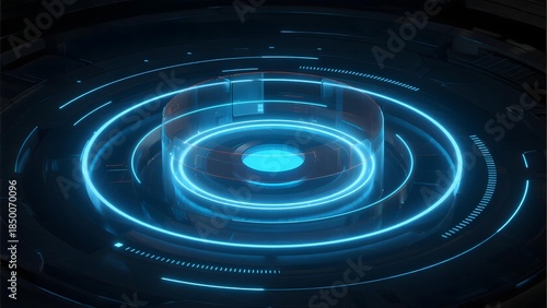Futuristic digital interface with glowing blue circular patterns and central holographic element