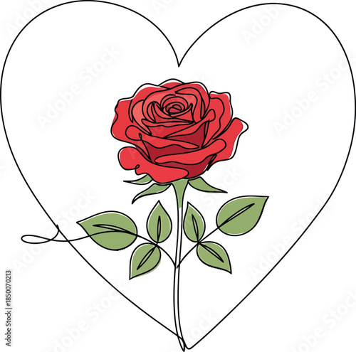 Minimalist One Line Drawing of a Red Rose inside a Heart Shape: Romantic Botanical Vector Illustration for Valentine's Day