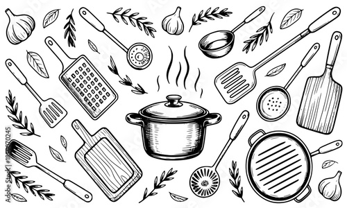 Hand-drawn kitchen utensils and cooking ingredients set, vintage style illustration of pots, pans, spatulas, and herbs isolated on white for culinary and restaurant design