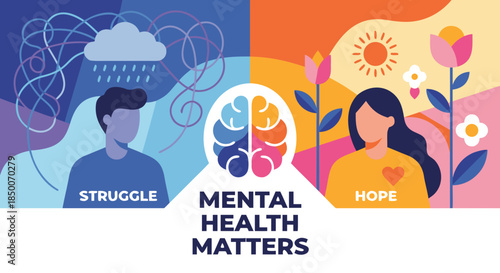 Mental Health Matters Concept Showing Struggle and Hope Illustration