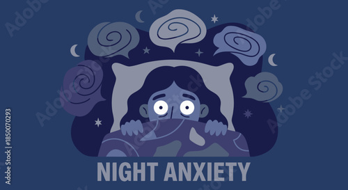 Night Anxiety and Fear Concept, Sleepless Person Illustration