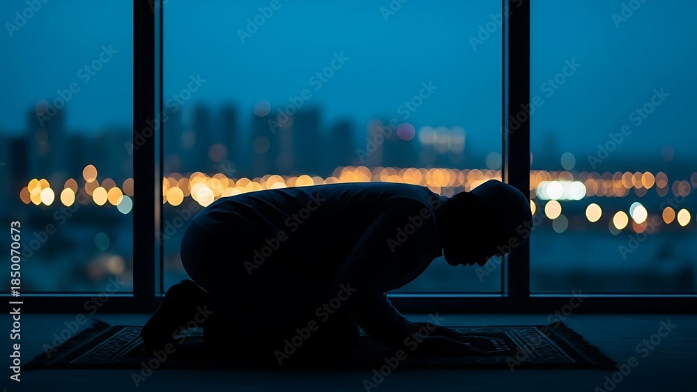 Obraz premium Person in silhouette praying on a mat in front of a large window with a cityscape view at night