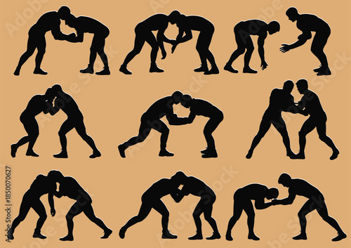 Wrestling silhouette poses illustration set showing grappling techniques, combat sport training movements, athletes sparring stances isolated on neutral background, dynamic sports vector artwork