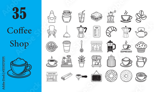 35 Coffee Shop Icons Set in Outline Style Featuring Espresso, Cups, Coffee Beans, Cafe Furniture, Brewing Tools and Desserts for Logo, App, Web and UI Design