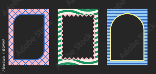 Pack of funky abstract border frames with grid and arch shapes on colorful pattern background for trendy posters