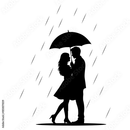 Romantic couple sharing an umbrella in the rain Vector