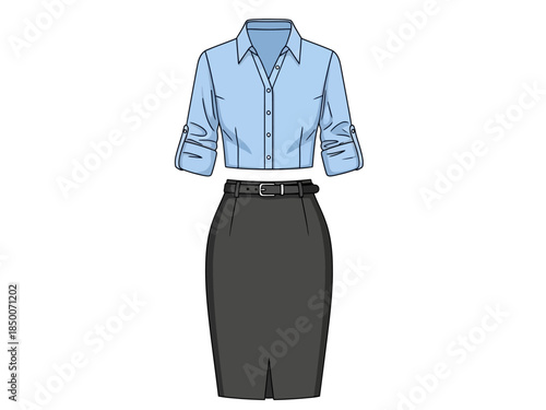 Illustration of a light blue collared shirt tucked into a dark grey pencil skirt with a belt