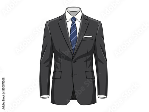 Illustration of a dark gray suit jacket white shirt and blue striped tie