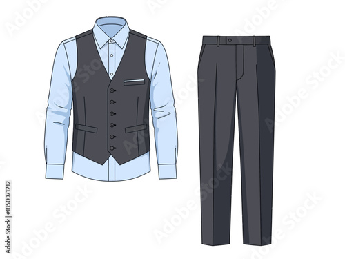 Illustration of a light blue shirt charcoal vest and dark grey trousers