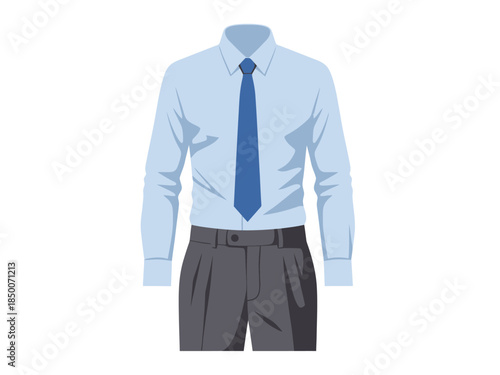 Illustration of a light blue dress shirt blue tie and dark gray pleated trousers