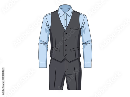Stylized illustration of a mens formal vest light blue shirt and dark gray trousers