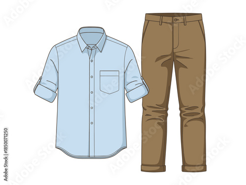 Light blue rolledsleeve buttonup shirt next to brown cuffed trousers