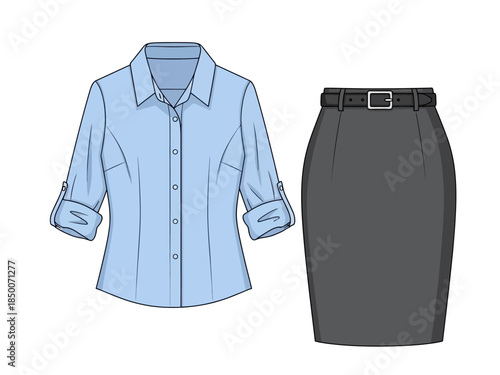 Light blue buttonup shirt and dark gray pencil skirt with a black belt