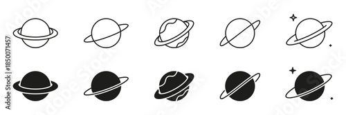 Planet With Rings Line And Solid Icon Set. Astronomy, Space Exploration, And Celestial Bodies Outline And Silhouette Symbol. Cosmic And Galactic. Isolated Vector Illustration