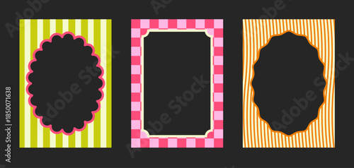 Set of colorful retro border frames with stripe and checkerboard patterns for photo booth or greeting card design