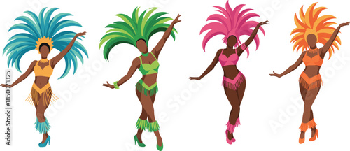 Colorful carnival dancers in feathered costumes striking festive poses – perfect for celebration themes, cultural events, party graphics, and dance illustrations.