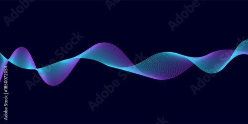 Abstract dynamic wave line. Colorful flowing blue and purple light on black background