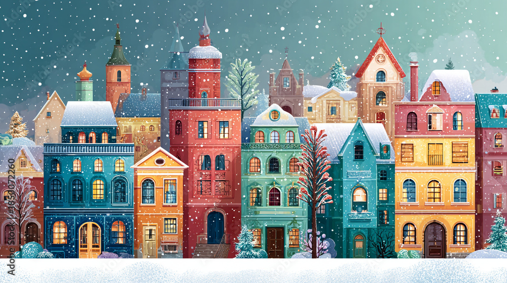 Naklejka premium Whimsical Snowy Town with Colorful Houses and Snowflakes Falling from Night Sky