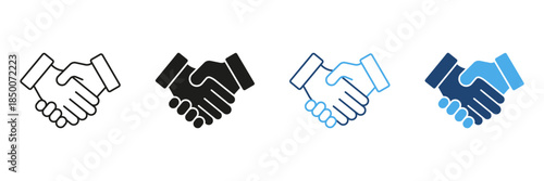 Handshake Agreement Line And Solid Icon Set. Business Partnership, Collaboration, And Deal-Making Outline And Silhouette Symbol Collection. Professional Networking. Isolated Vector Illustration