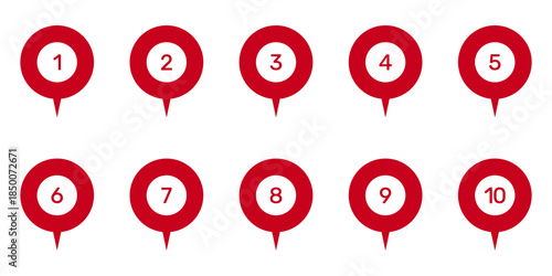 Numbered Location Pin Markers for Navigation and Mapping Icon Set. Geographic Position Indicators and Route Point Pins for Maps and Tracking Symbol Collection. Isolated Vector Illustration