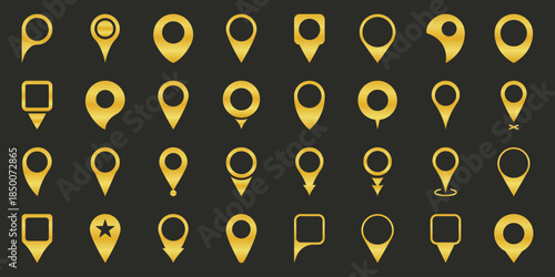 Golden Map Pin Icons Solid Icon Set. Location Markers, Navigation, And Gps Positioning Silhouette Symbol Collection. Geolocation And Mapping Tools. Isolated Vector Illustration