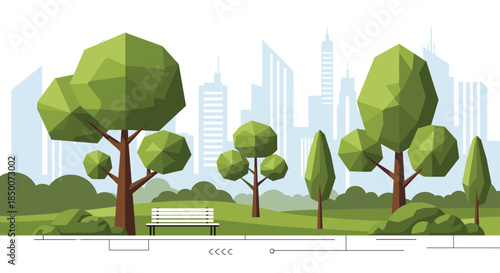 Urban park scene with green polygonal trees and a wooden bench on a grassy lawn with a city skyline and skyscrapers in the background.