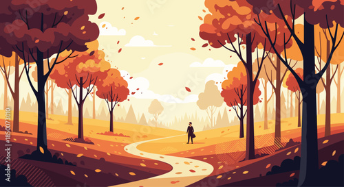 Beautiful autumn landscape featuring a winding path through a forest of orange and red trees with a lone figure walking toward the horizon.