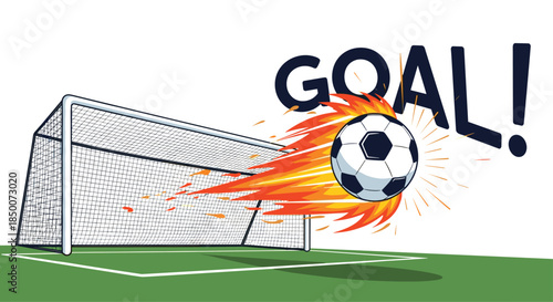 Soccer ball on fire flying at high speed into goal net representing exciting scoring moment during professional football match victory.